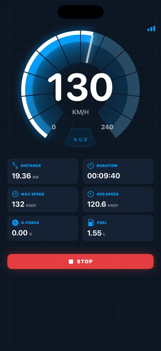 Speedometer app showing 130 km/h on a large gauge with distance, duration, max speed and average speed